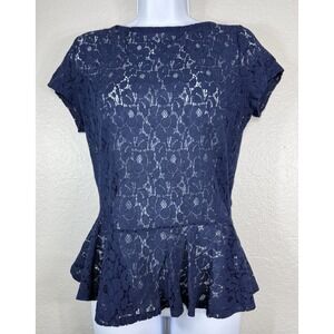Gap Sheer Floral Lace Peplum Blouse Navy Blue Size M Top